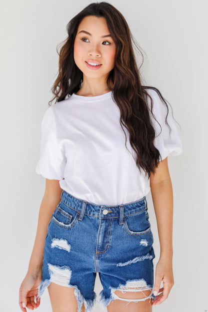 Distressed Denim Shorts on model