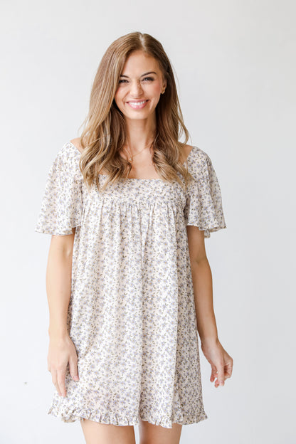 Floral Mini Dress in ivory on model