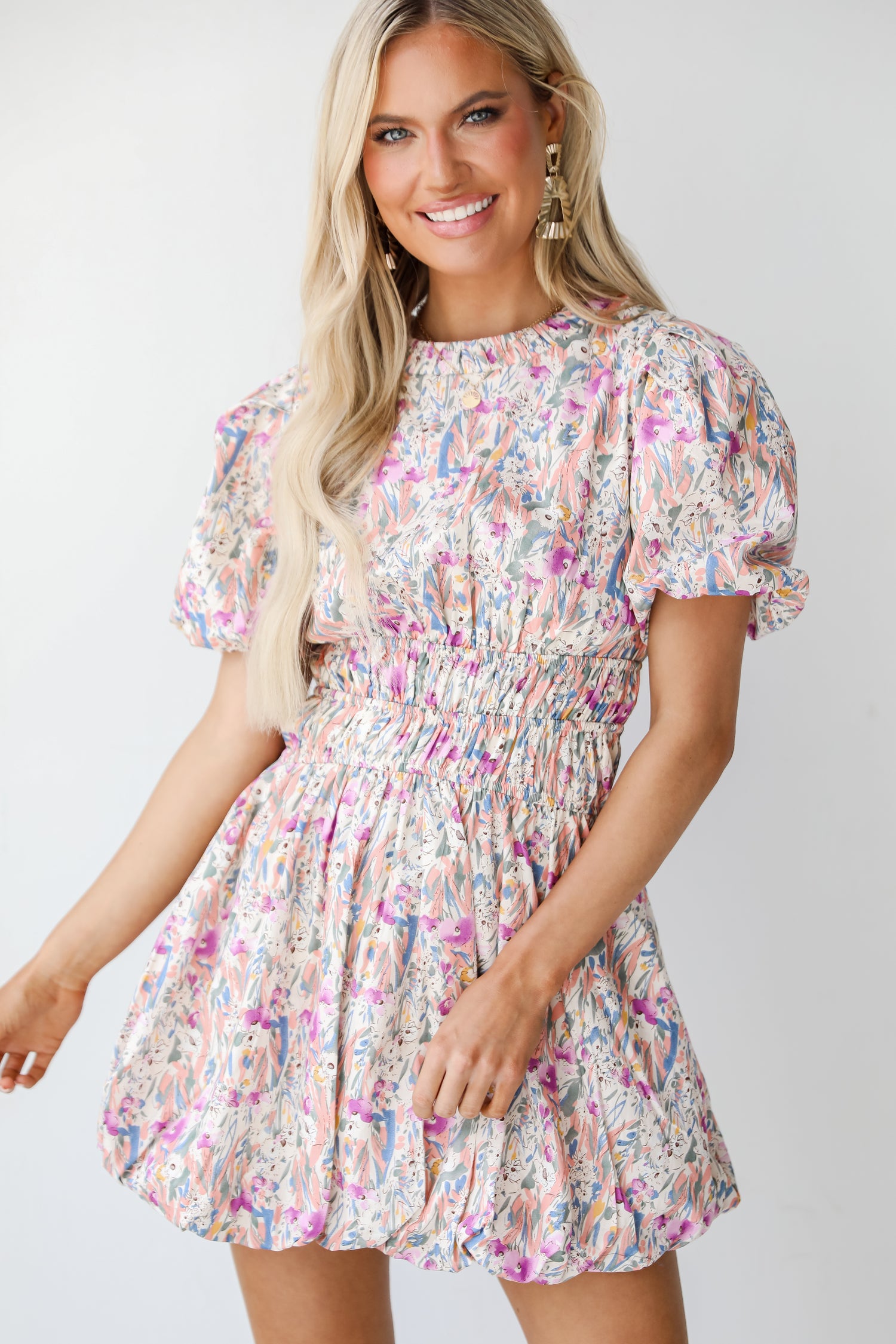 Floral Bubble Mini Dress on model