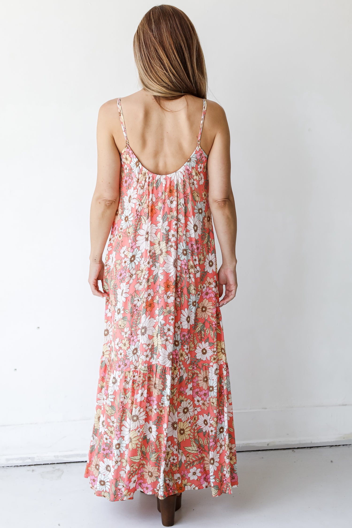 back view of a coral Floral Maxi Dress