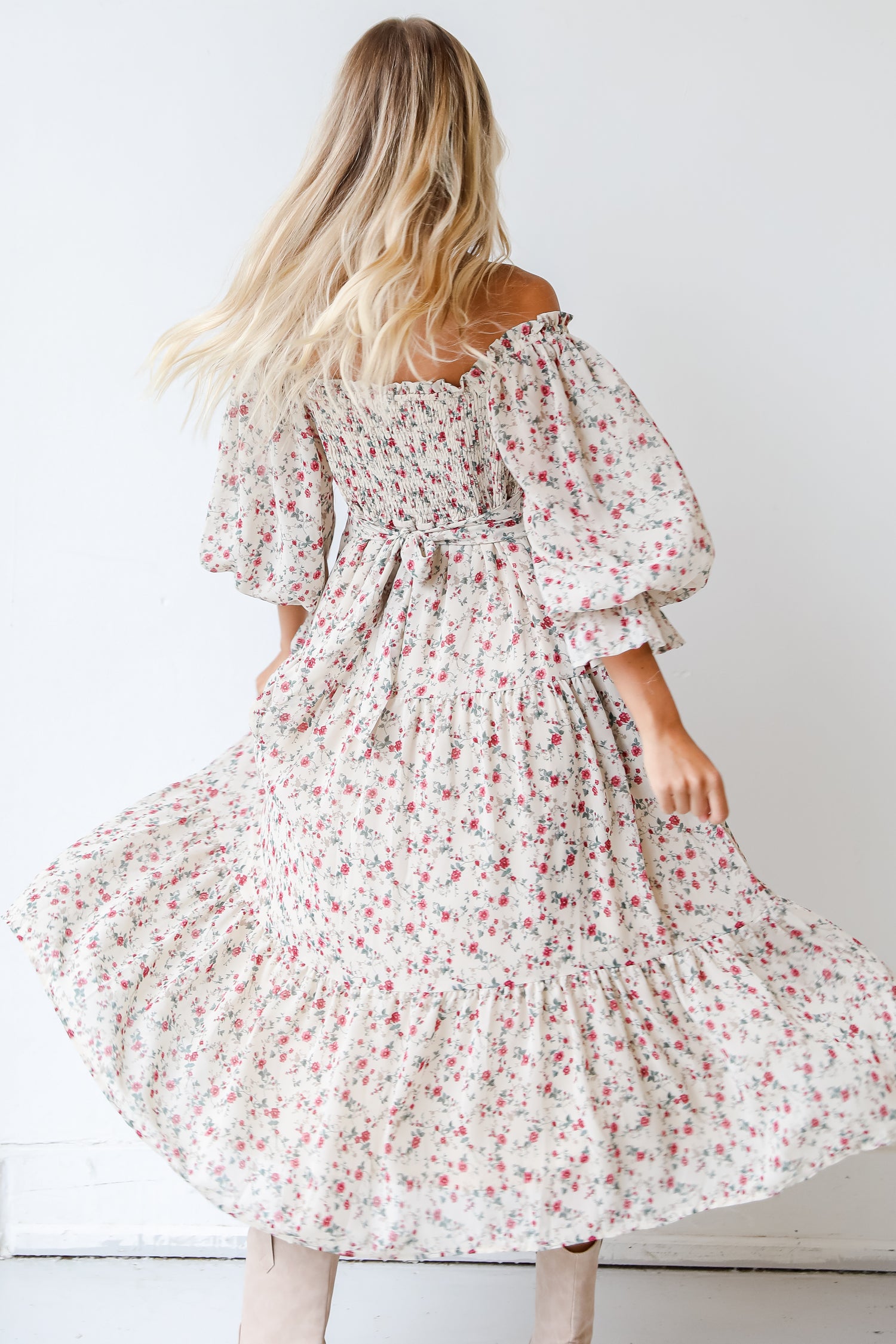 white floral maxi dress back view