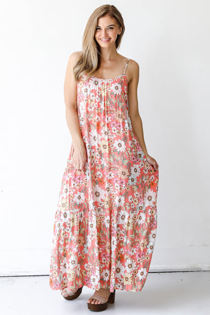 front view of a coral Floral Maxi Dress
