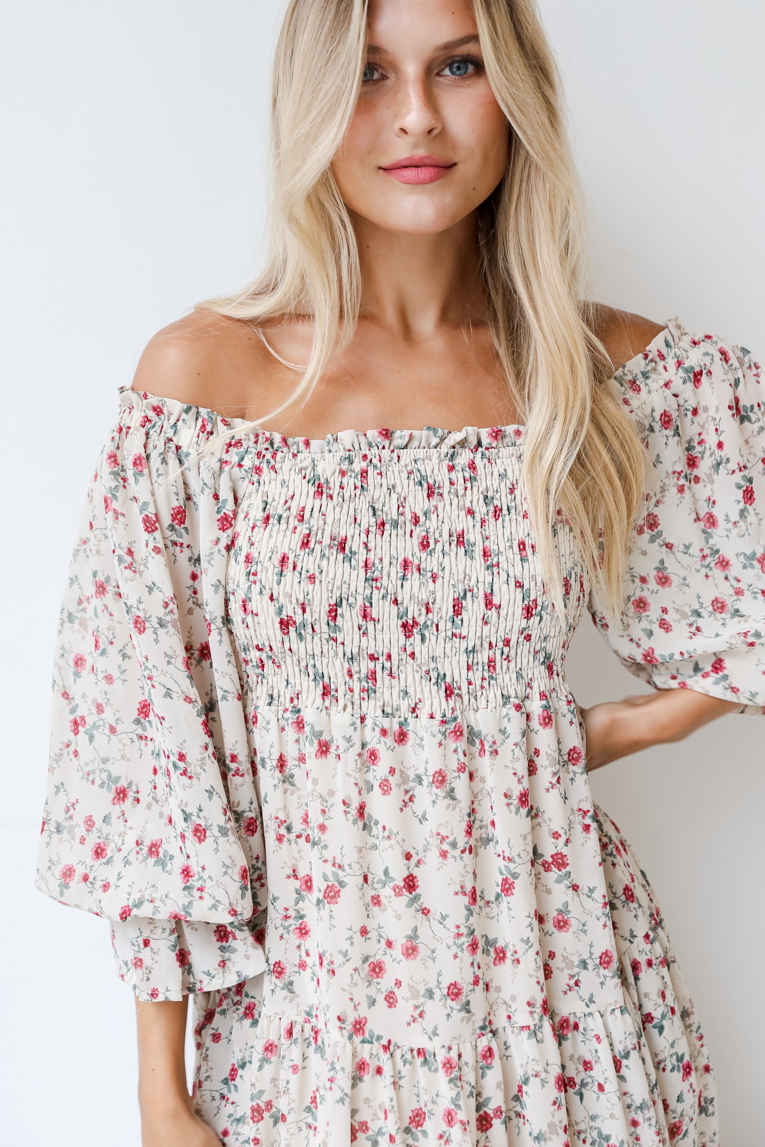 white floral maxi dress close up