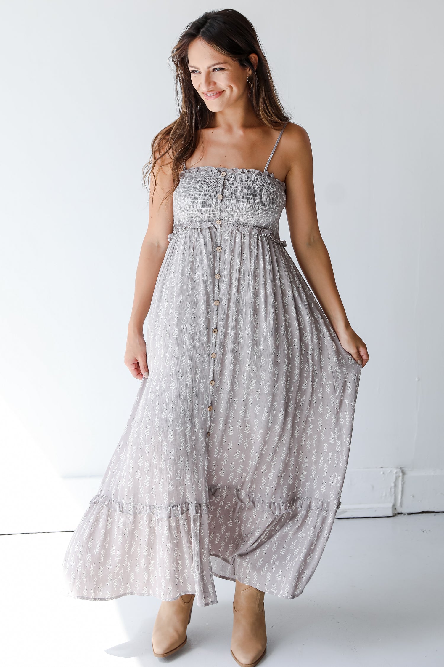 taupe flowy midi dress