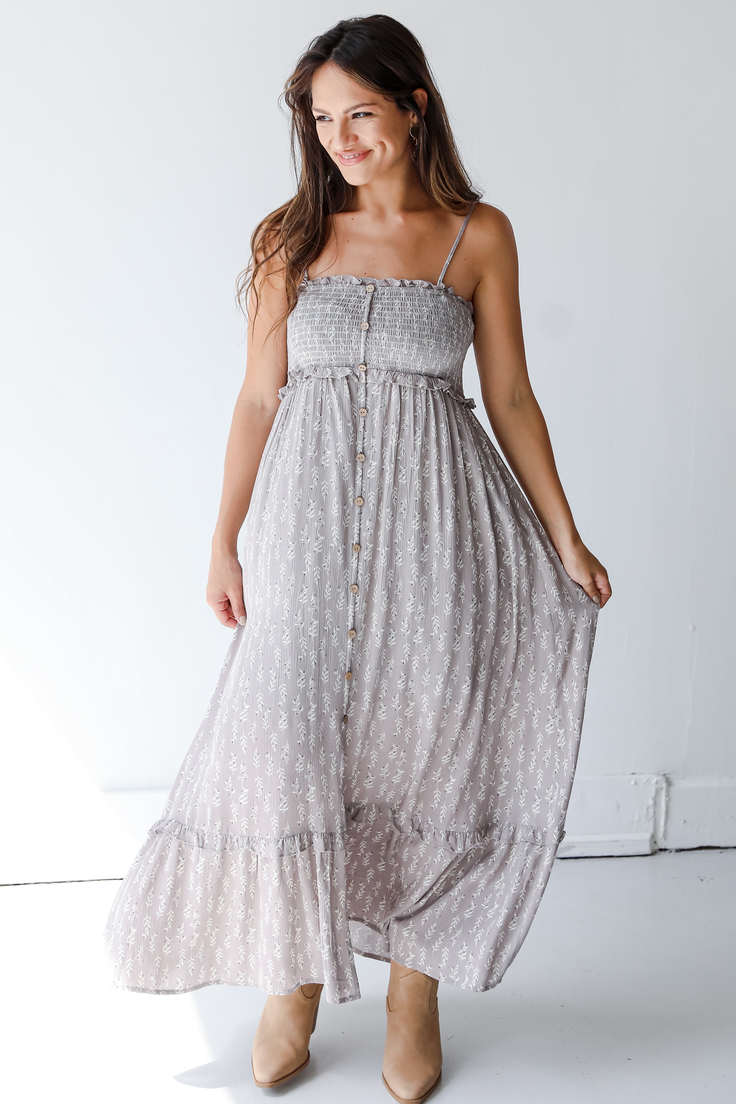 taupe flowy midi dress