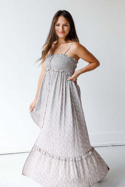 taupe midi dress side view
