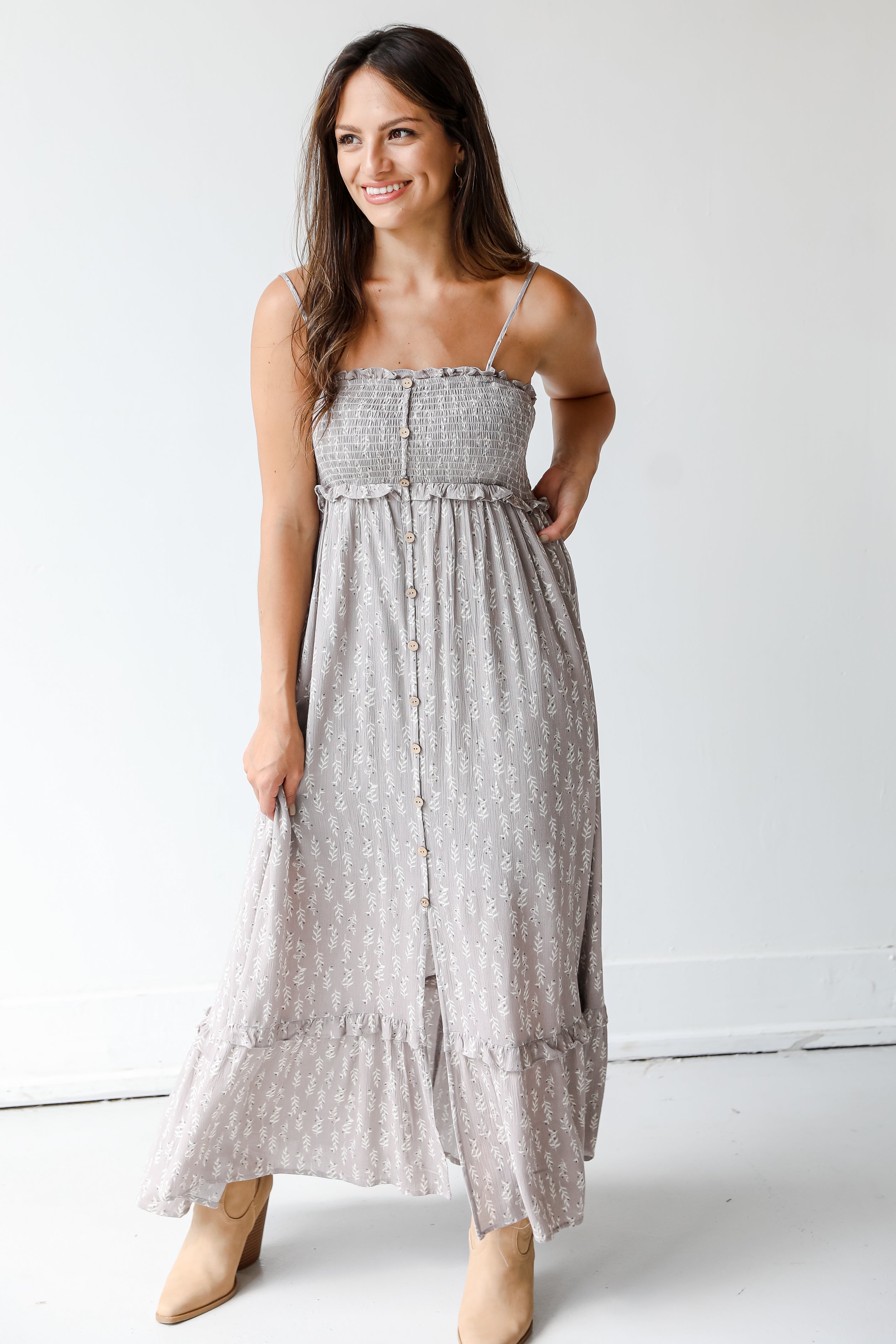 taupe midi dress front view