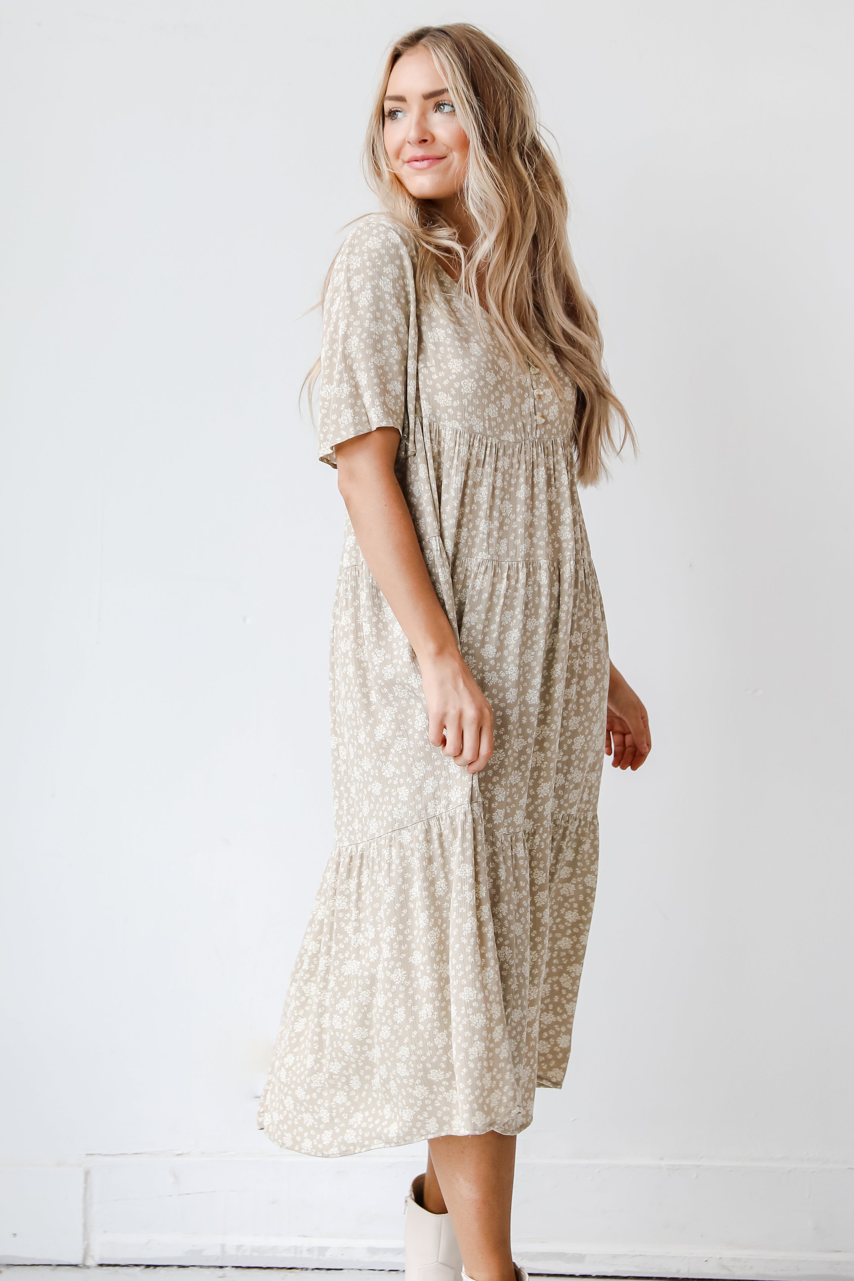 taupe floral midi dress side view