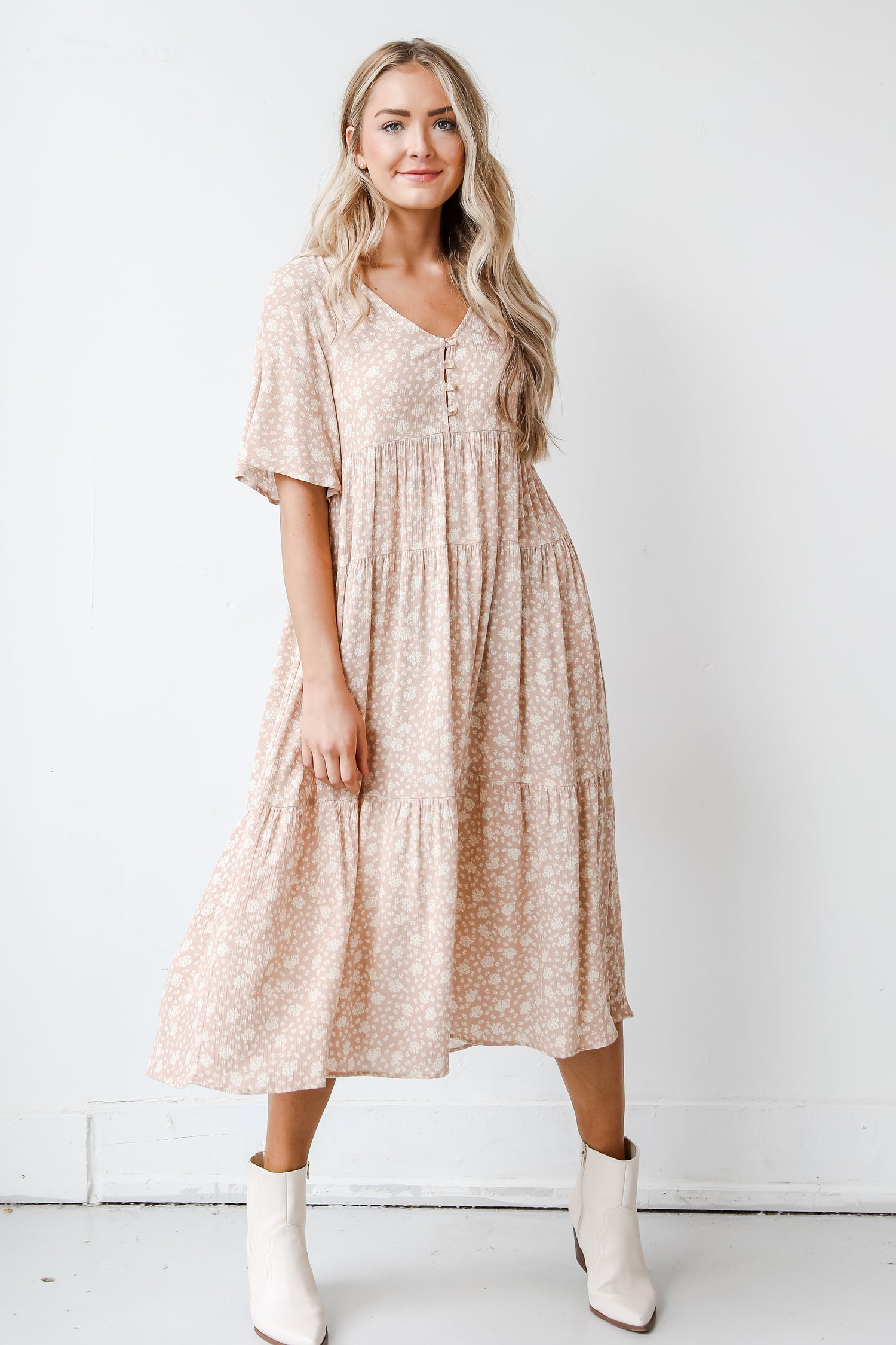 fall floral midi dress in blush