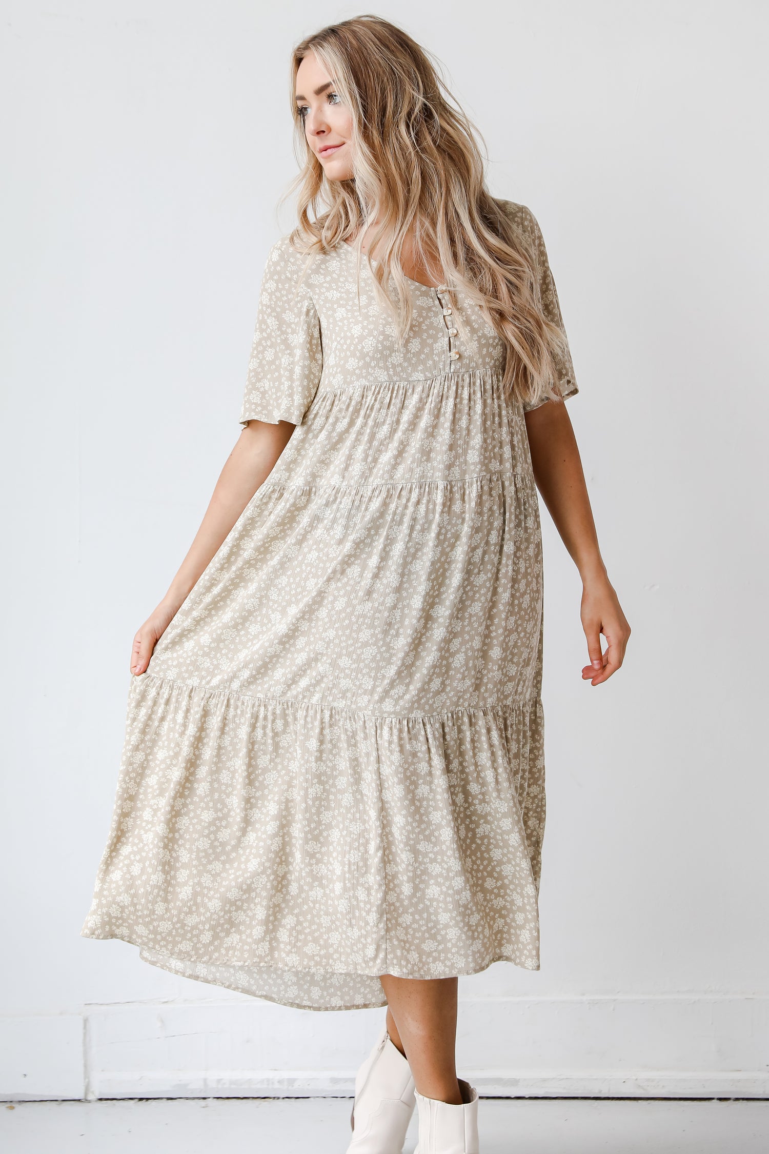 taupe floral midi dress