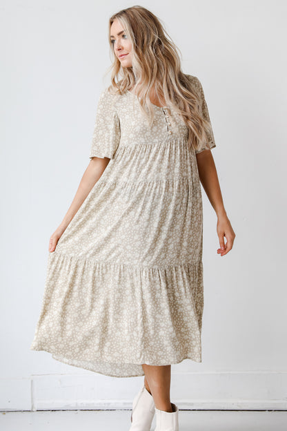 taupe floral midi dress