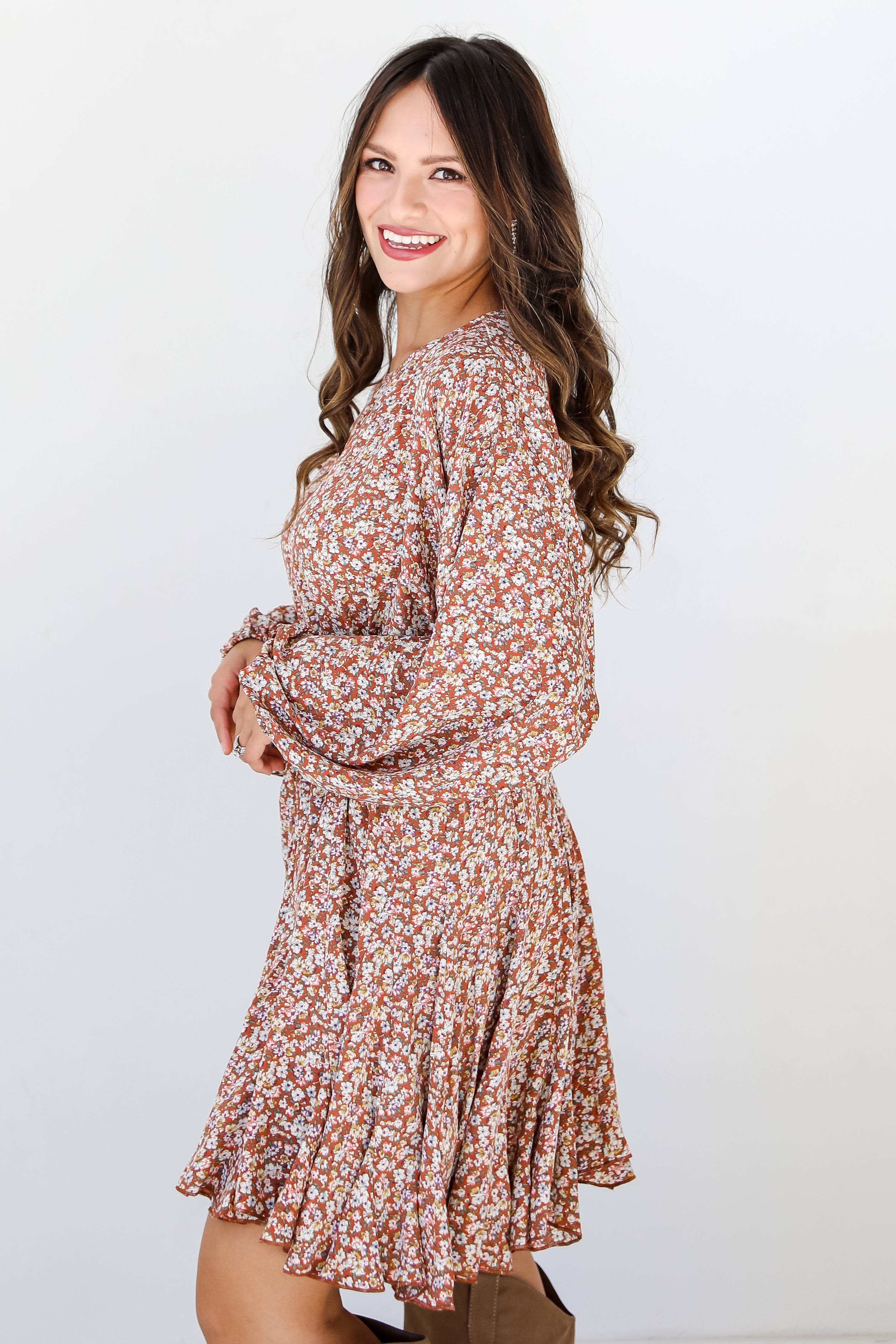 rust Floral Mini Dress side view