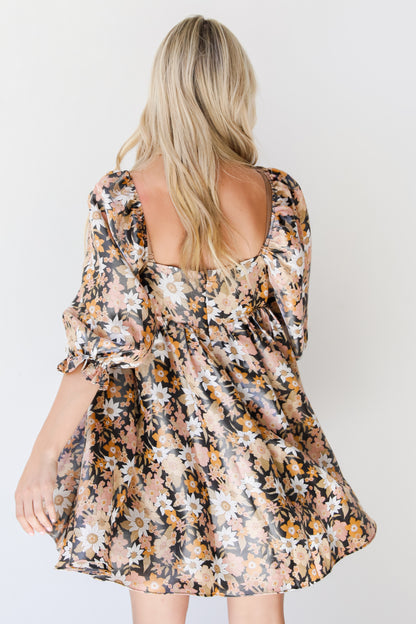 black Floral Babydoll Mini Dress back view