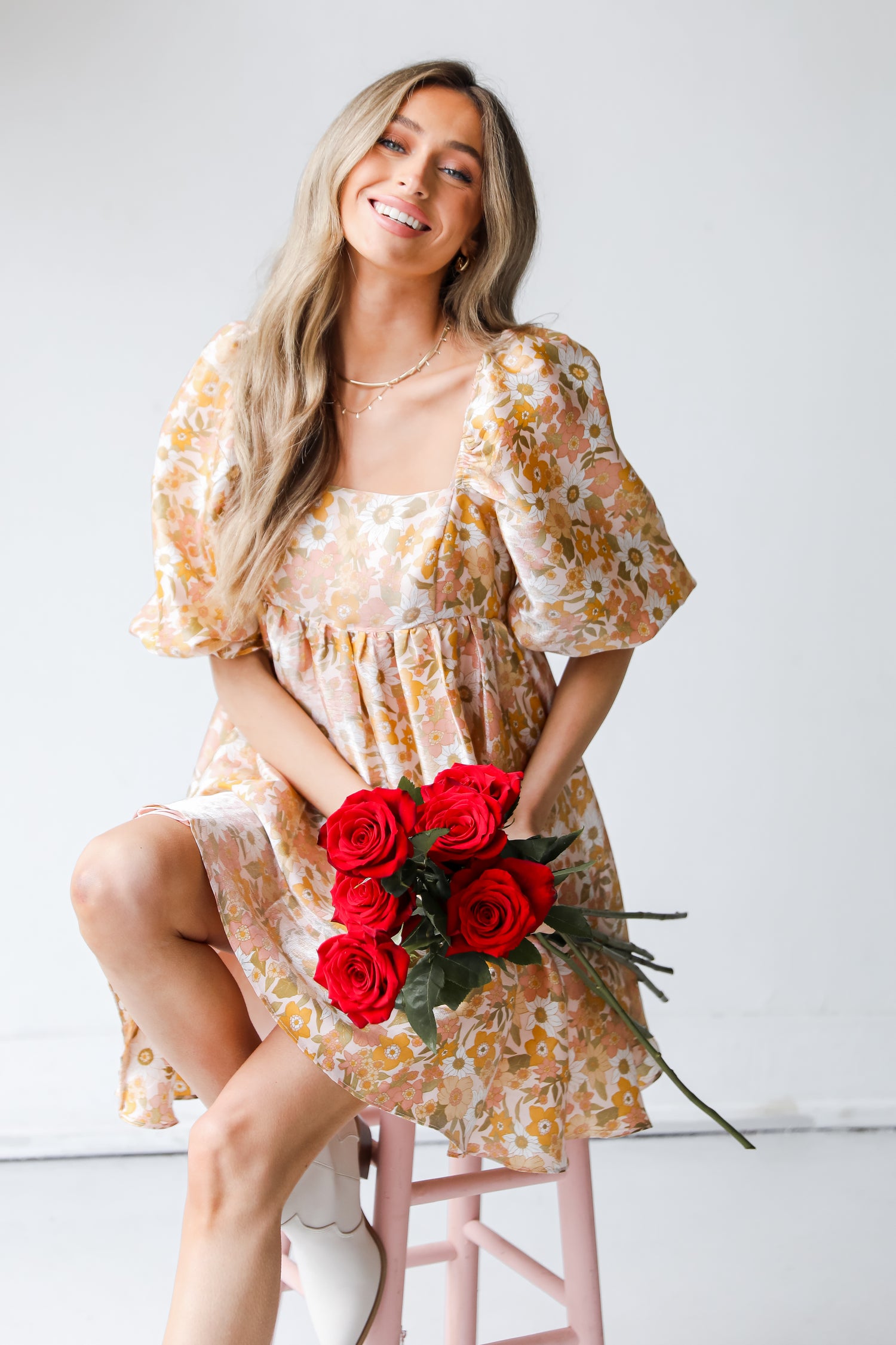 blush Floral Babydoll Mini Dress front view