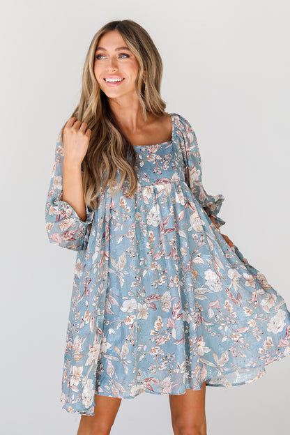 blue Floral Babydoll Mini Dress