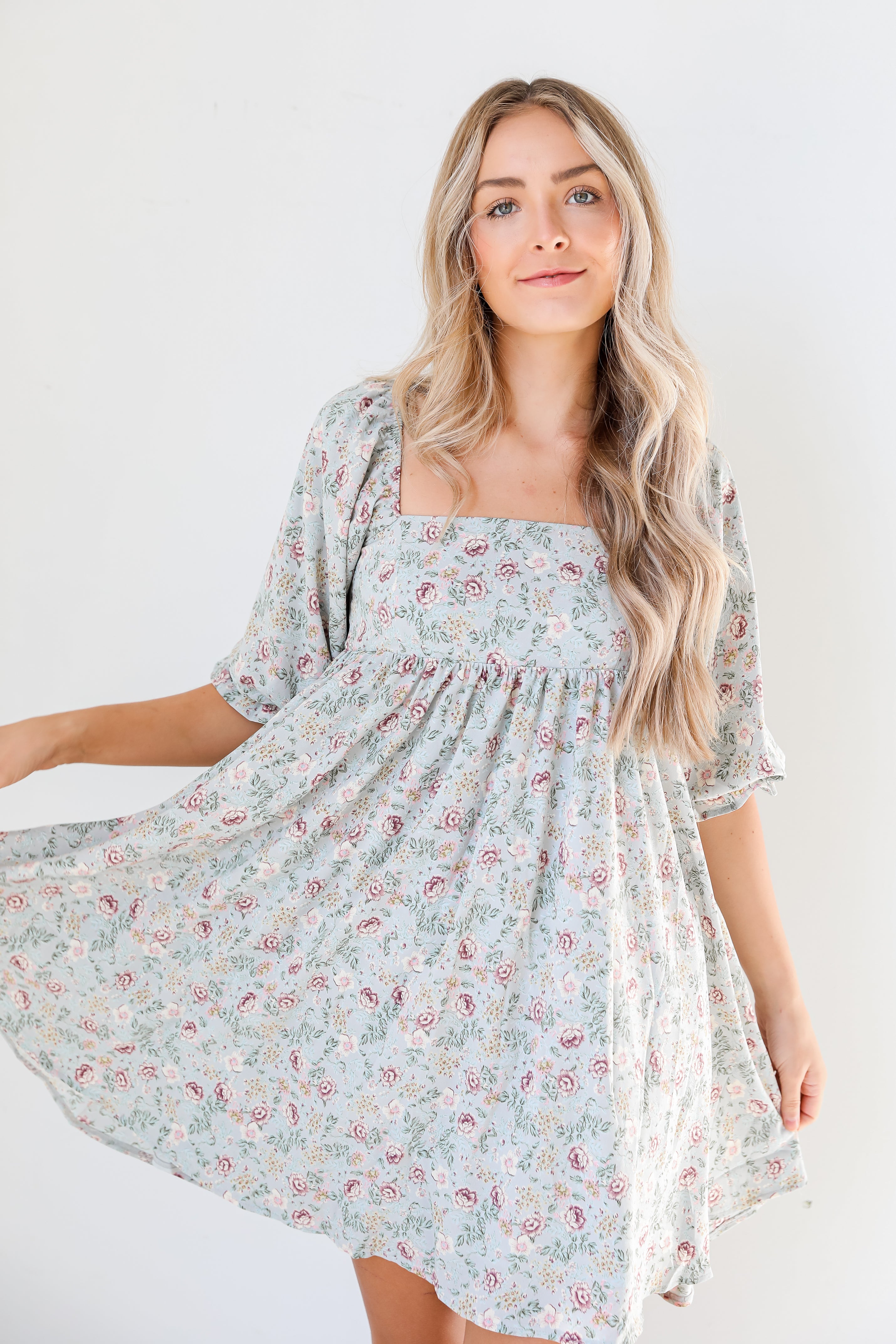 Floral Babydoll Mini Dress on model