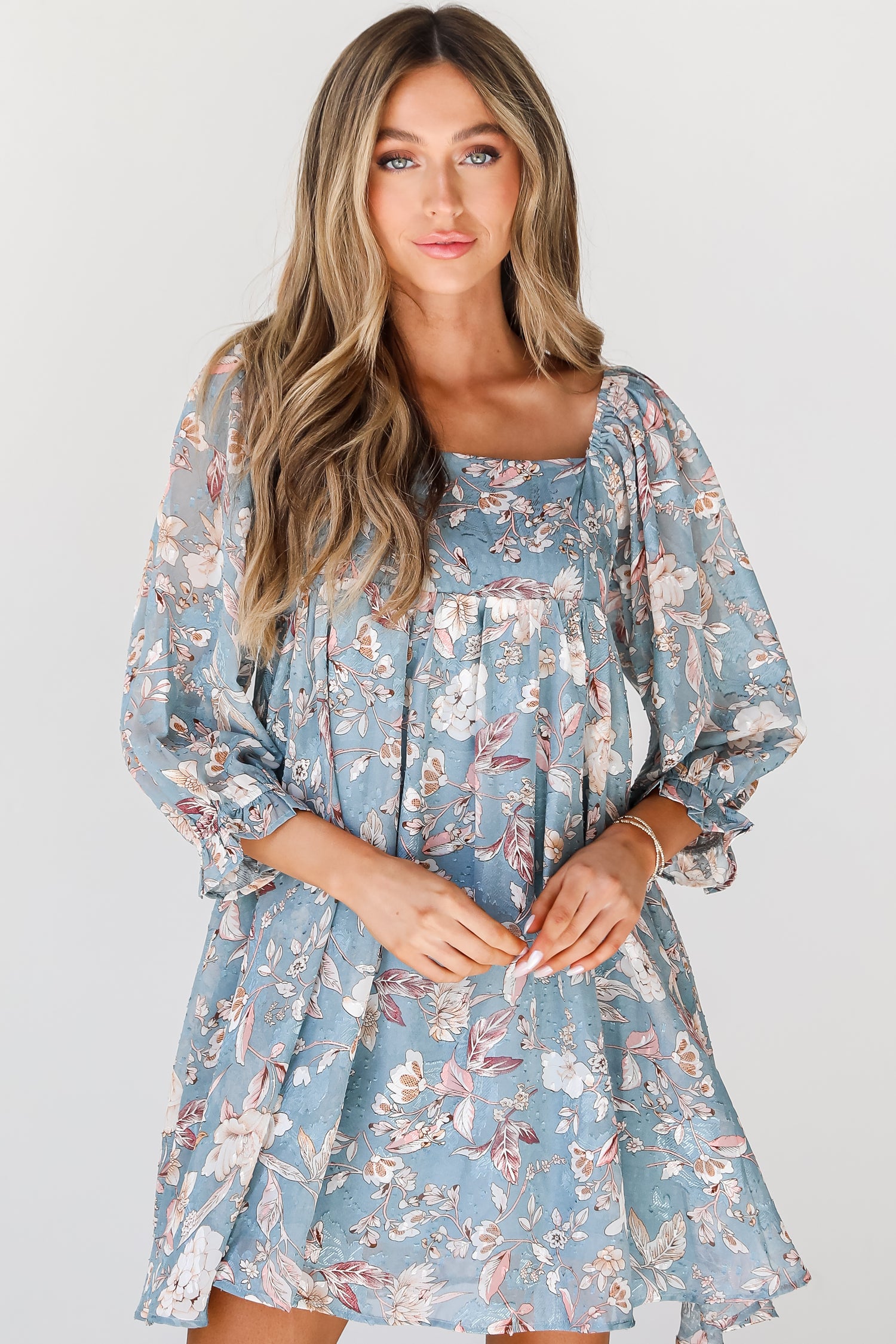 blue Floral Babydoll Mini Dress on model