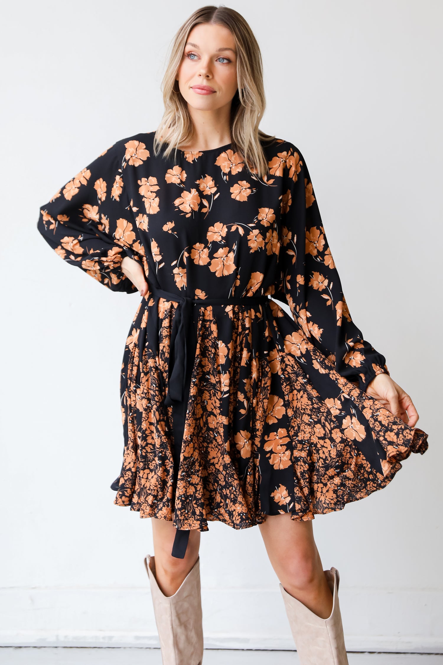 black Floral Mini Dress on model