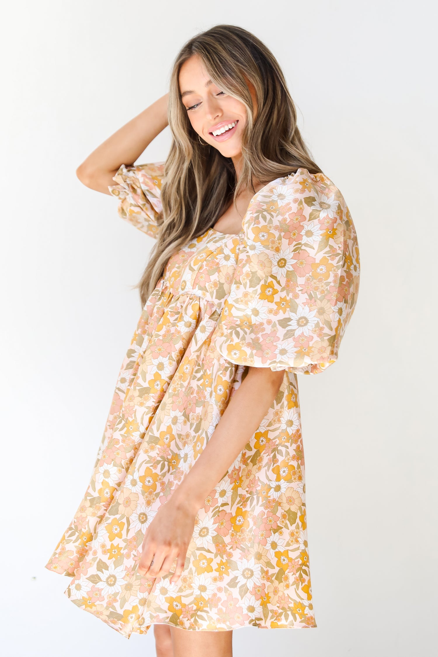 blush Floral Babydoll Mini Dress side view