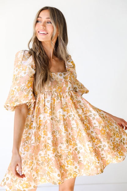 blush Floral Babydoll Mini Dress on dress up model