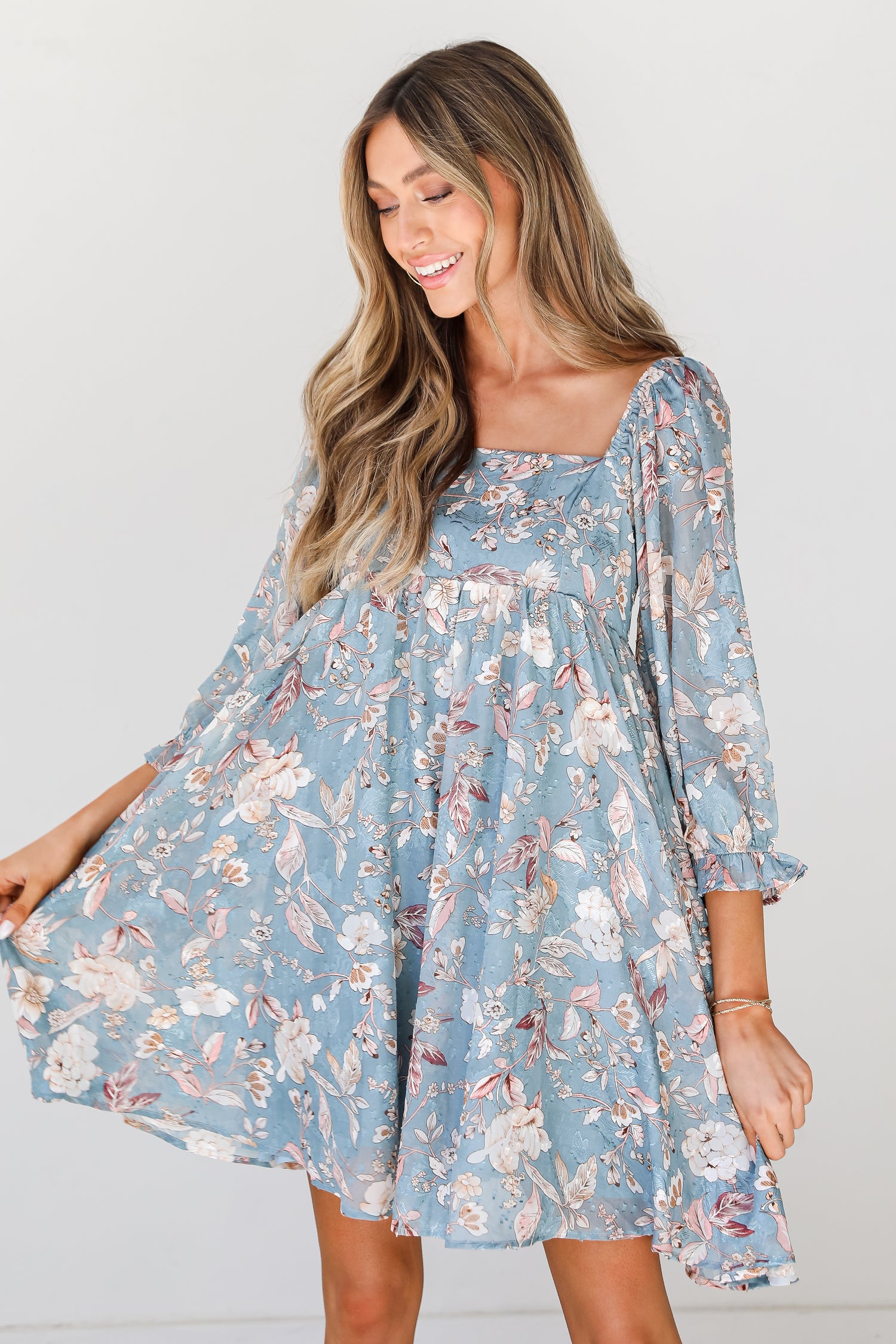 blue Floral Babydoll Mini Dress on dress up model