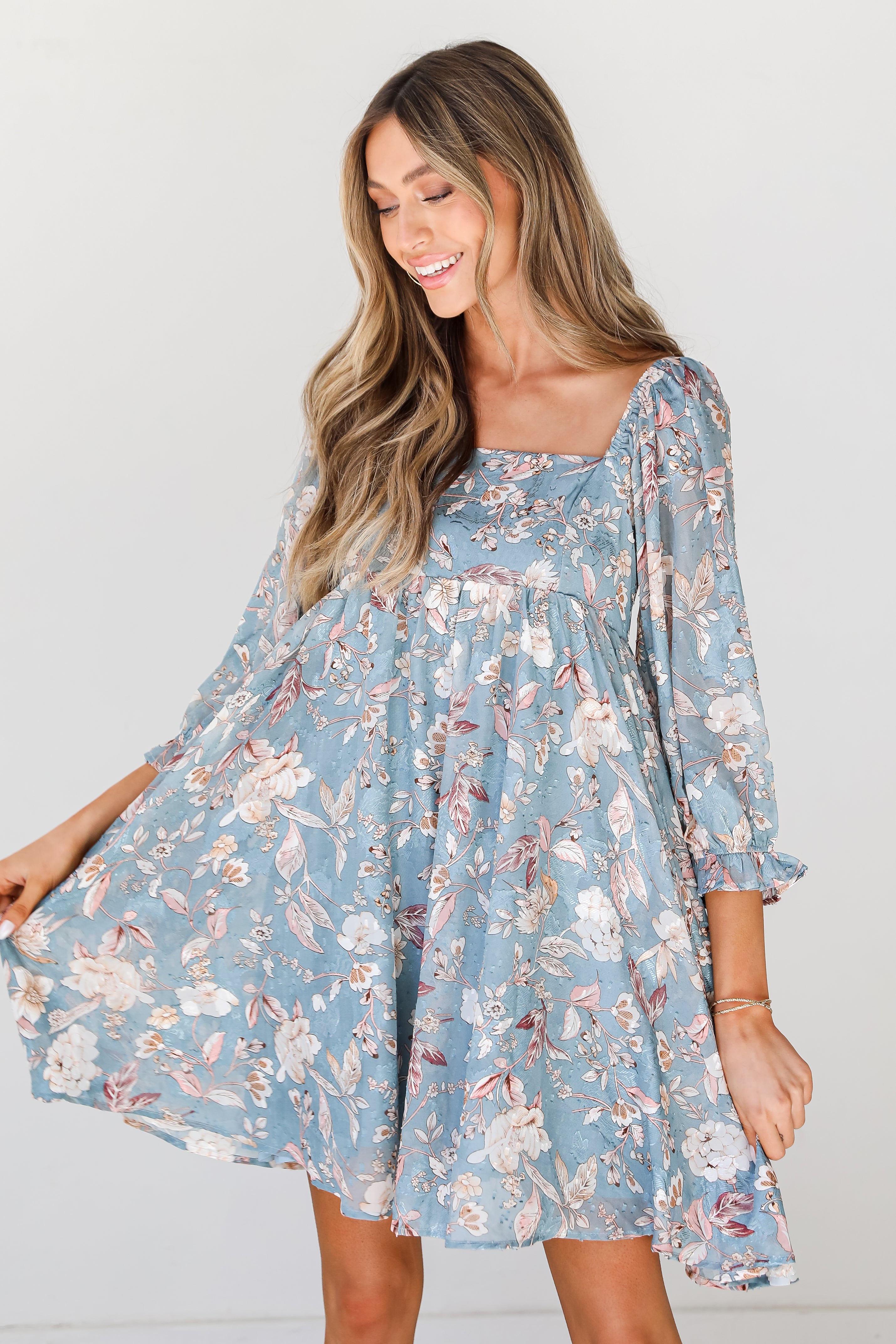 blue Floral Babydoll Mini Dress on dress up model