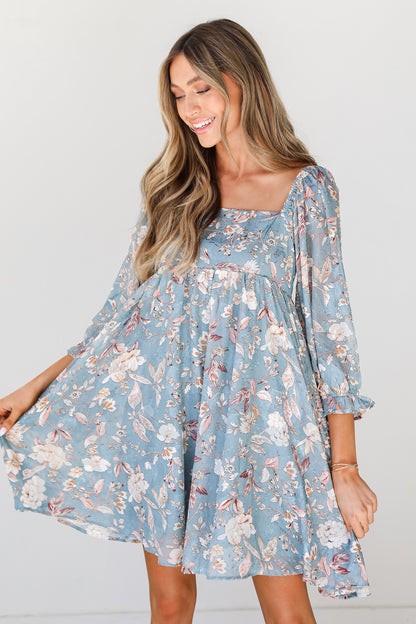 blue Floral Babydoll Mini Dress on dress up model