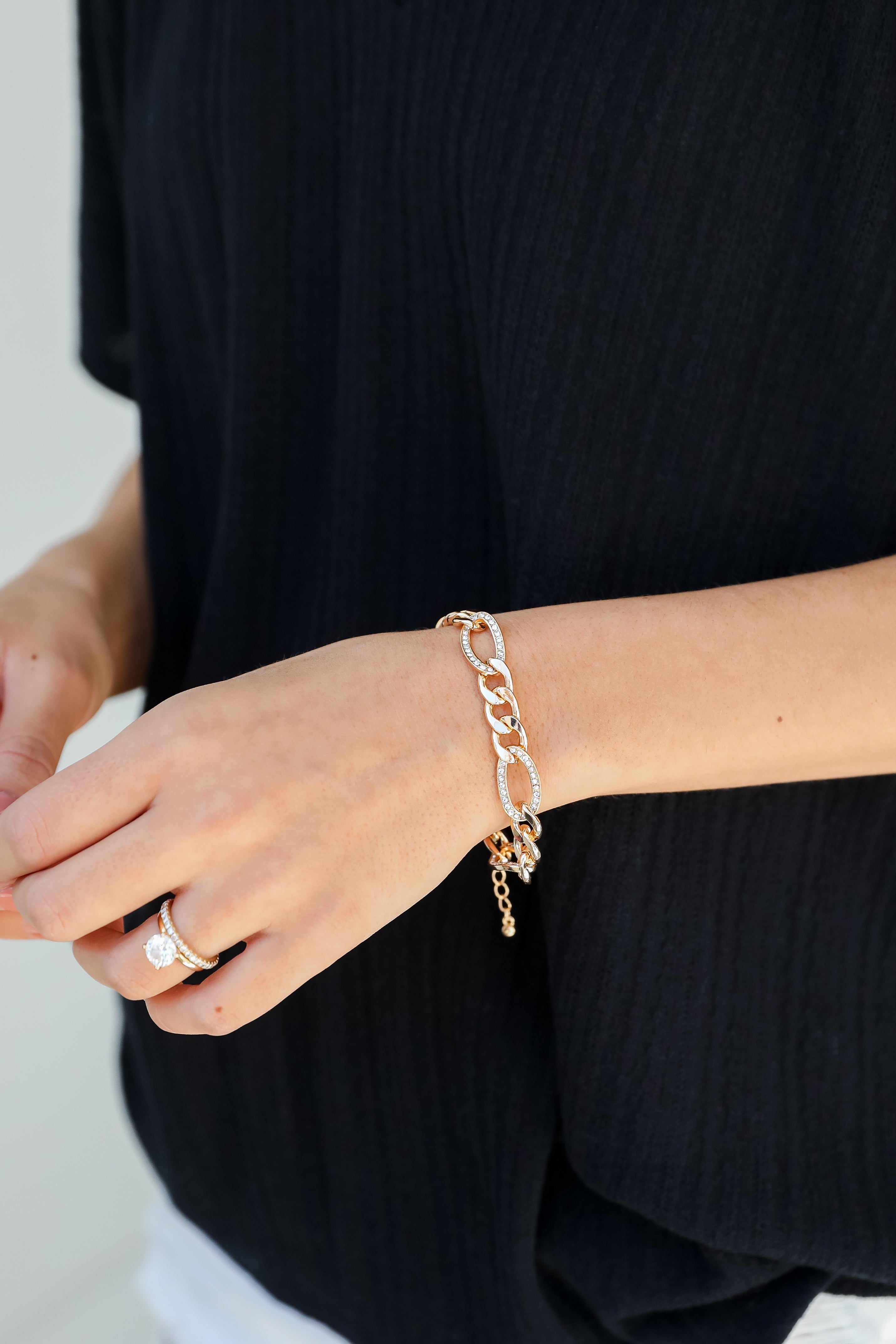 Gold Rhinestone Chain Bracelet on model