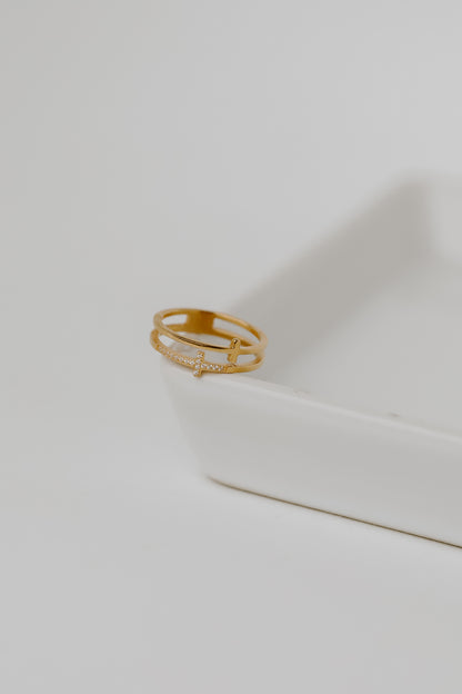 Gold Rhinestone Cross Ring flat lay