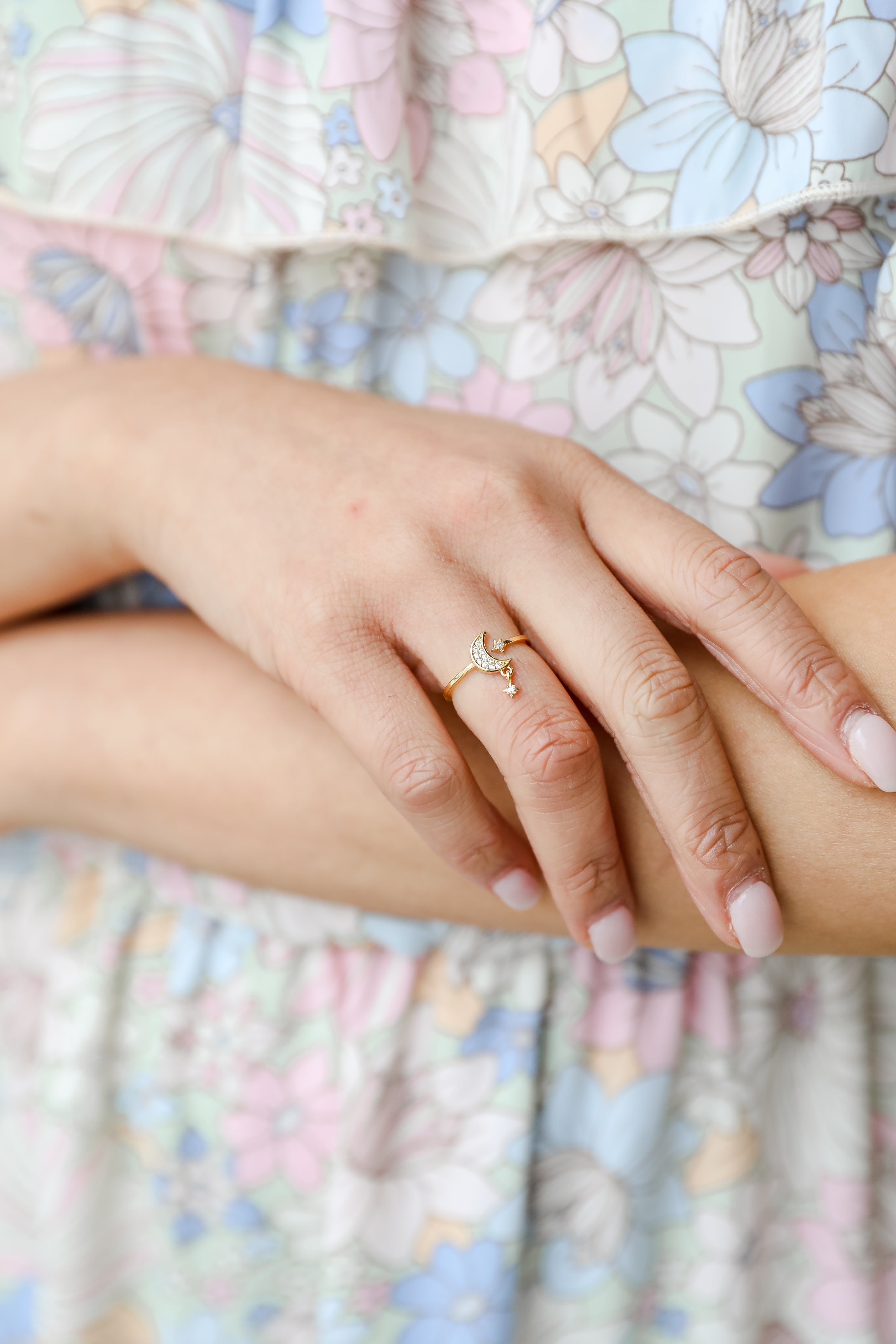 Gold Rhinestone Star + Moon Ring