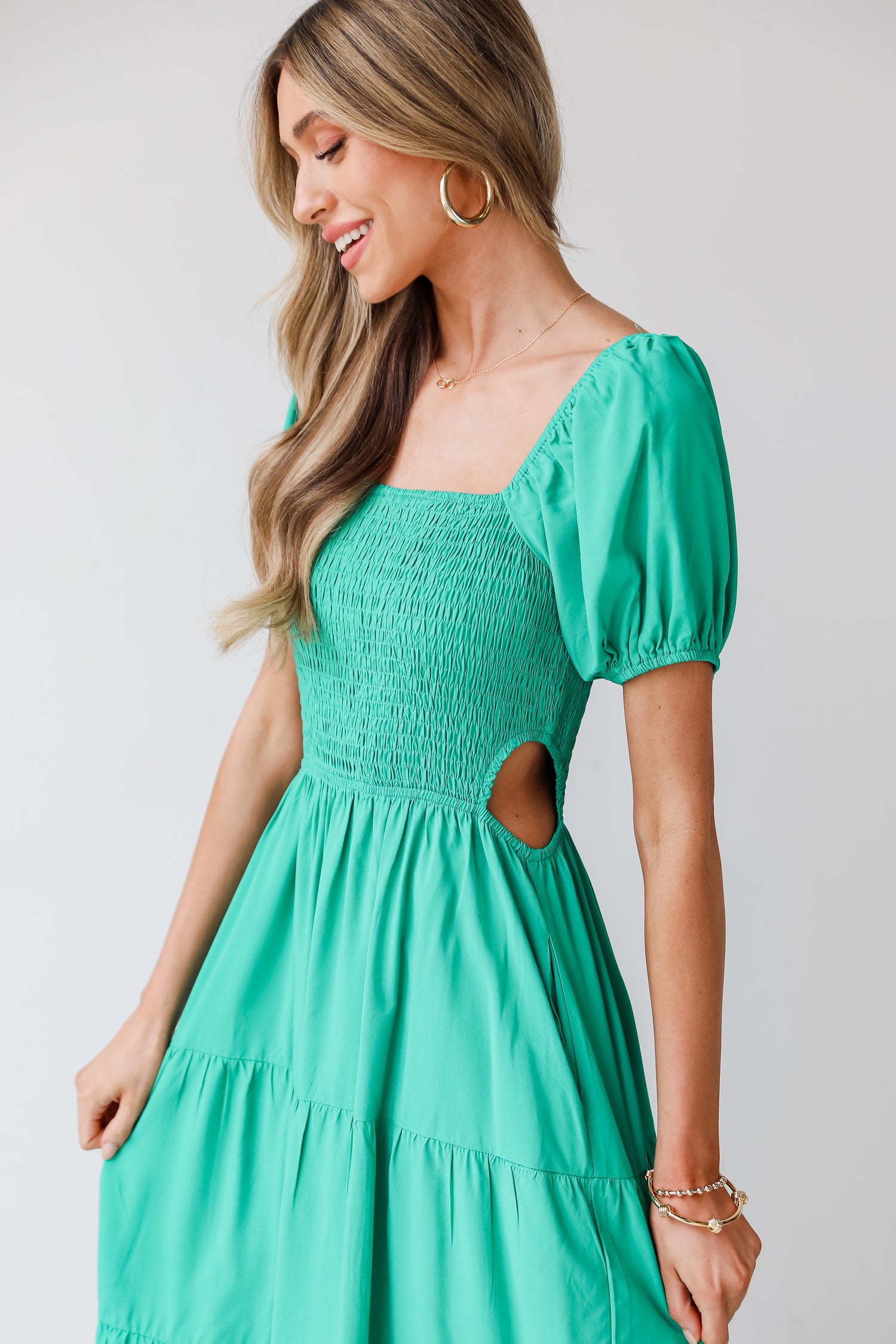 kelly green Smocked Cutout Midi Dress side view