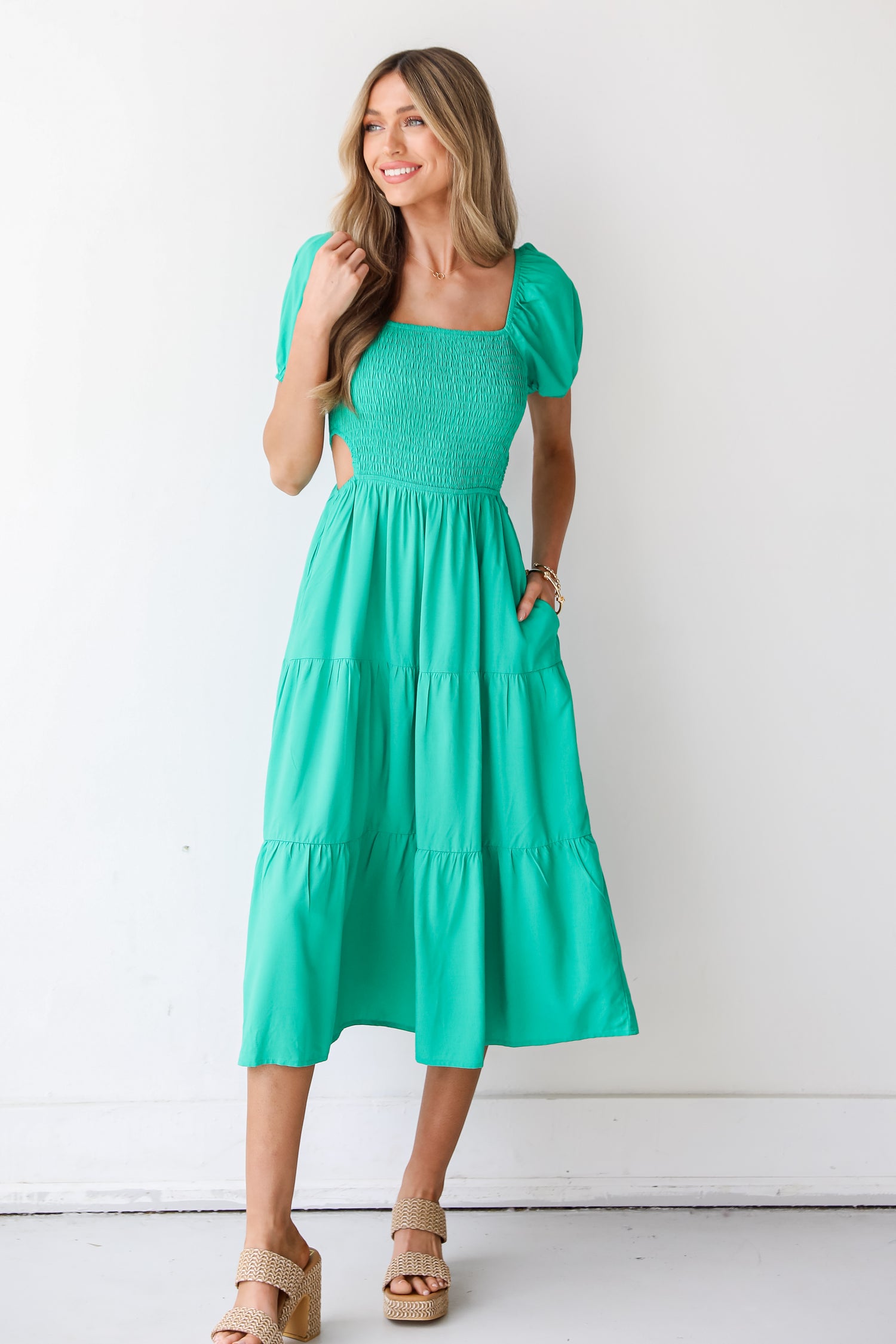 kelly green Smocked Cutout Midi Dress front view