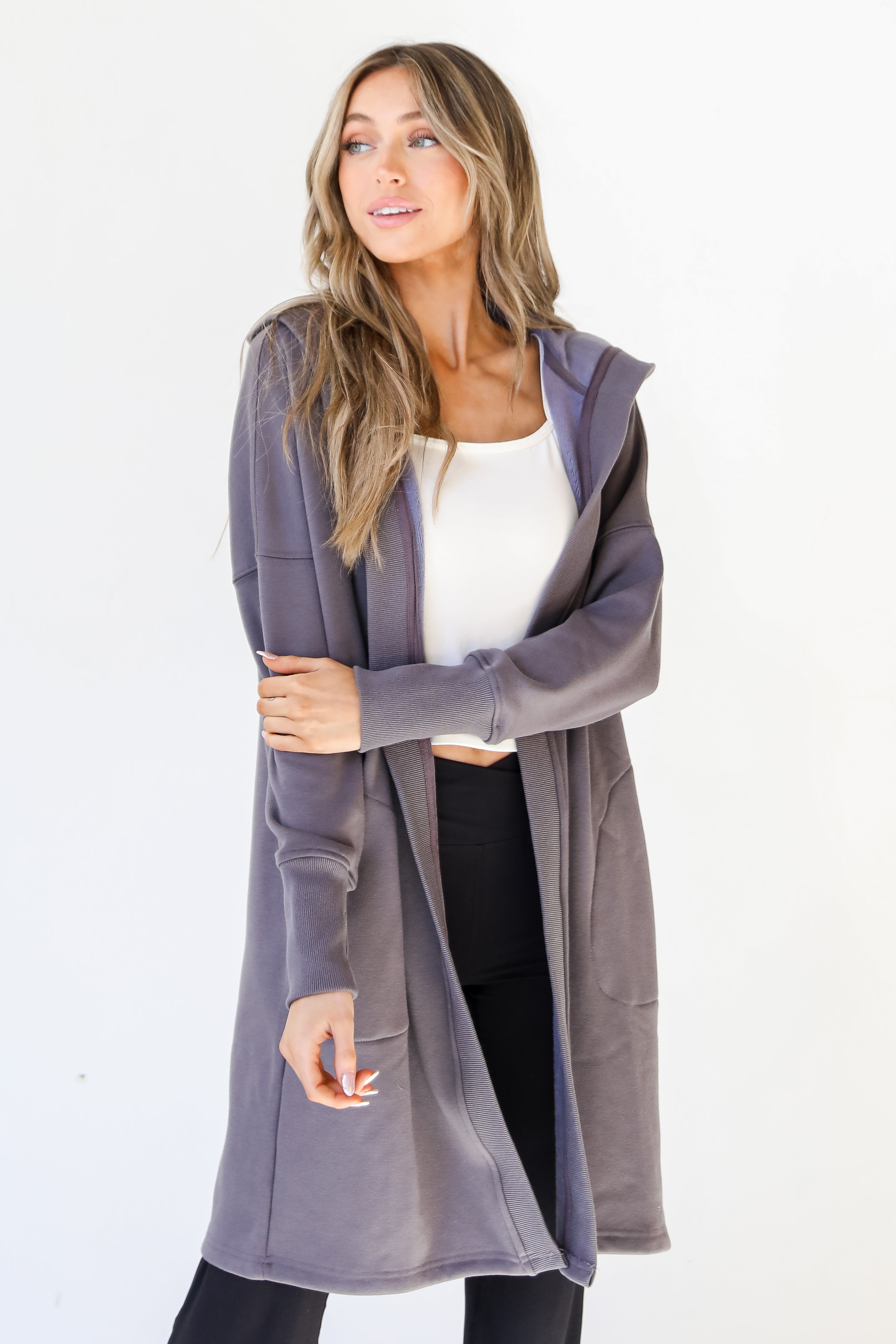 fleece Hooded Cardigan on model