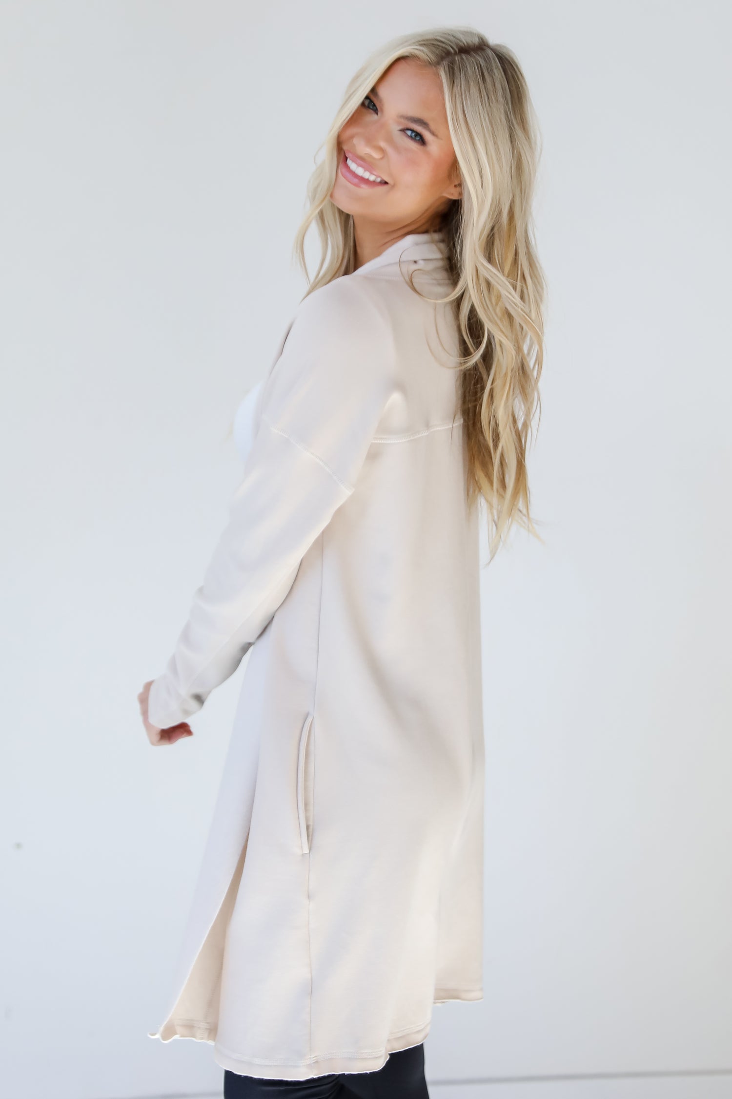 white fleece Cardigan side view