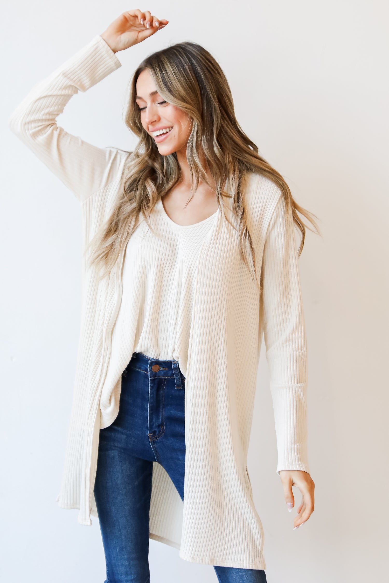 model wearing a Ribbed Cardigan with the matching tank