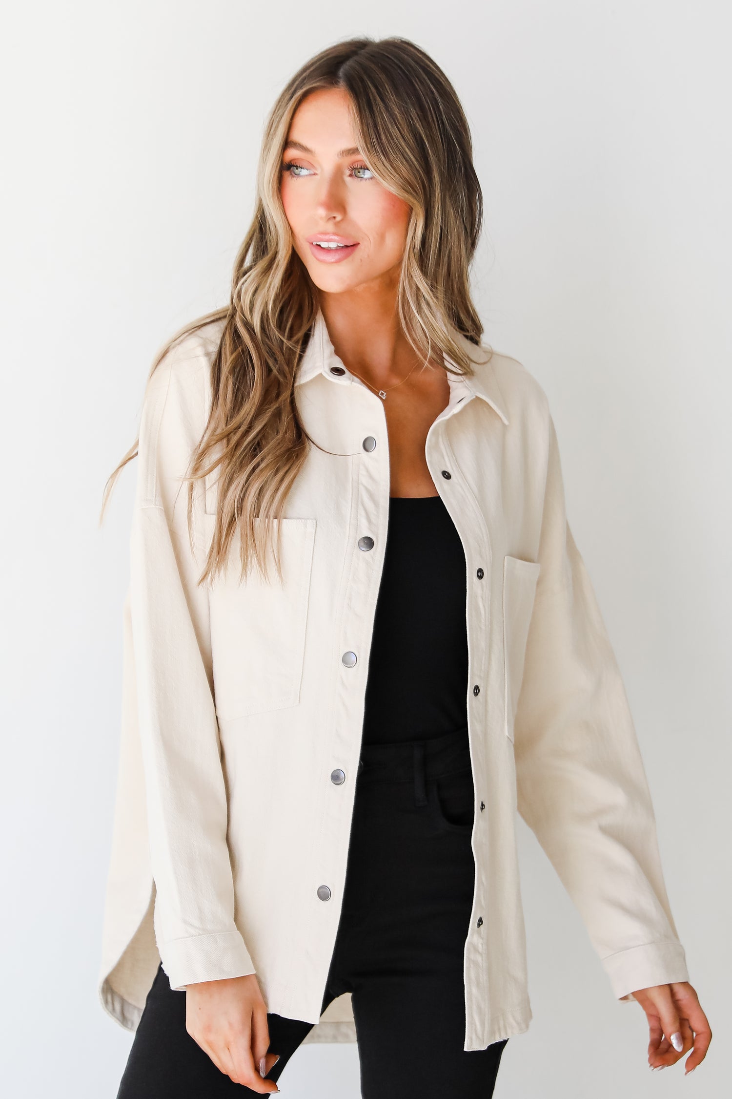 ivory denim Shacket front view