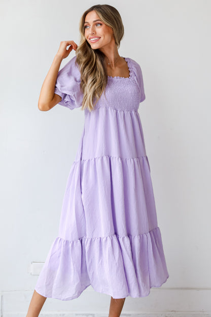purple Tiered Midi Dress on dress up model