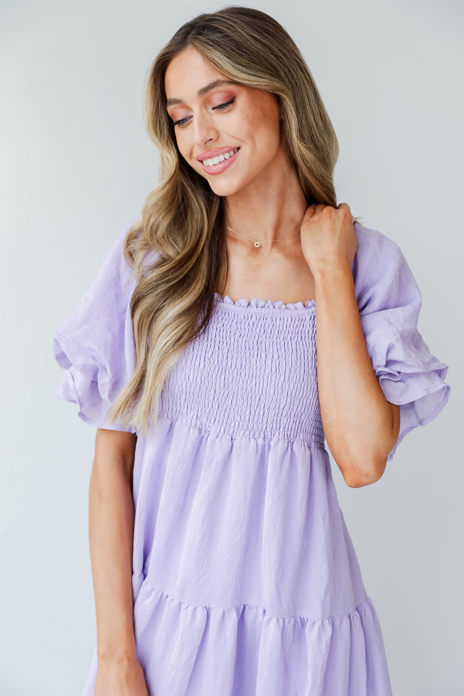 purple Tiered Midi Dress close up