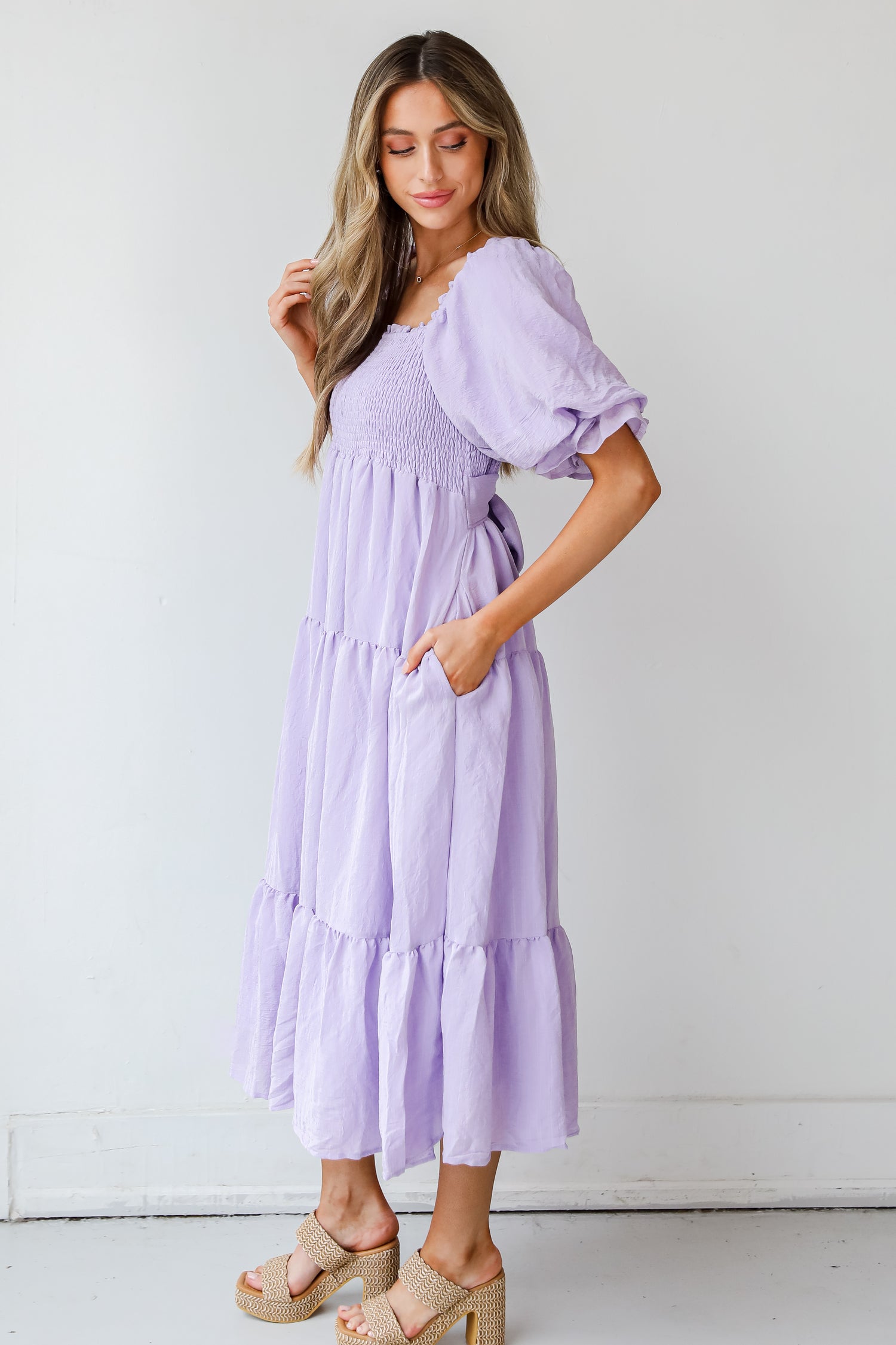 purple Tiered Midi Dress side view