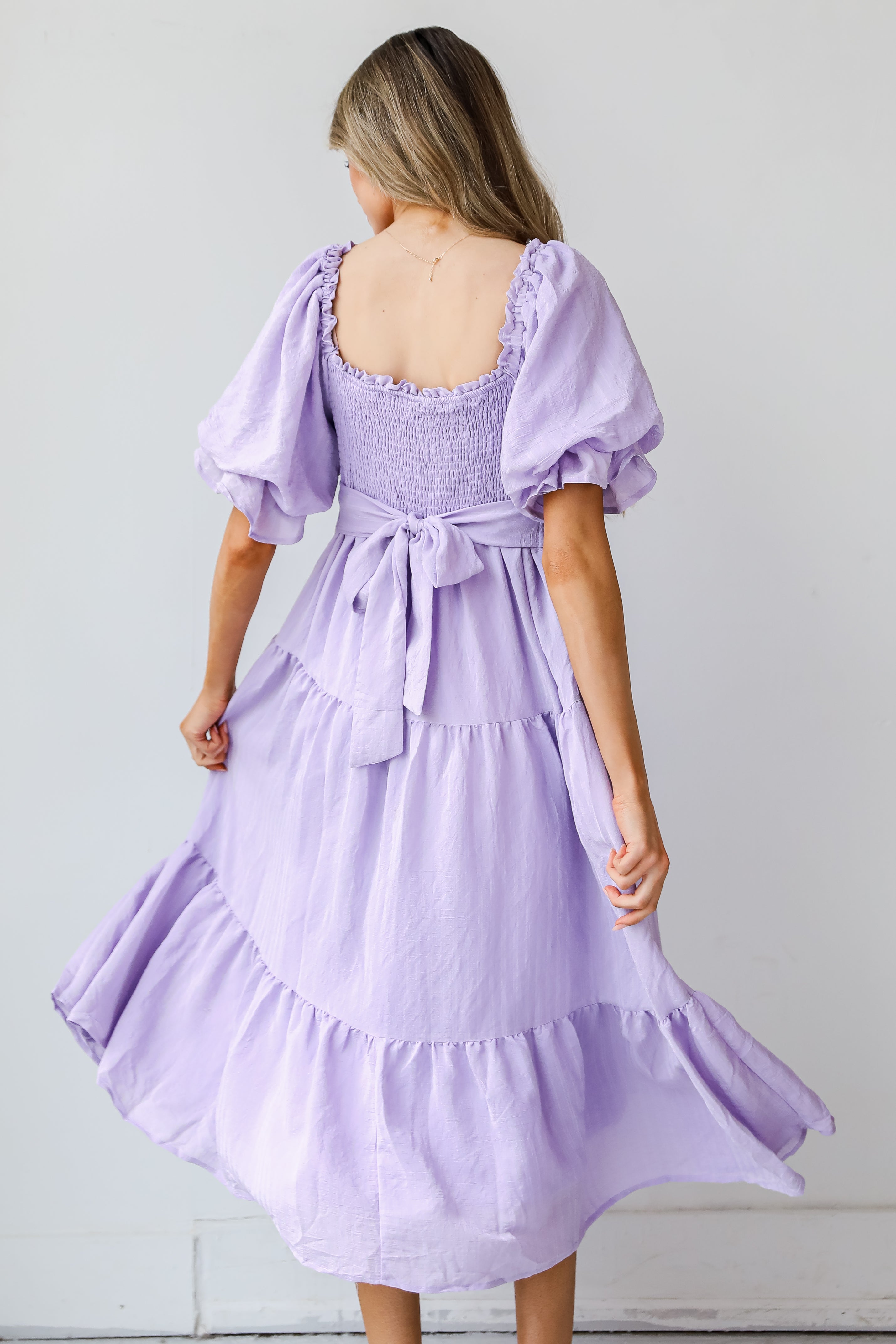 purple Tiered Midi Dress back view
