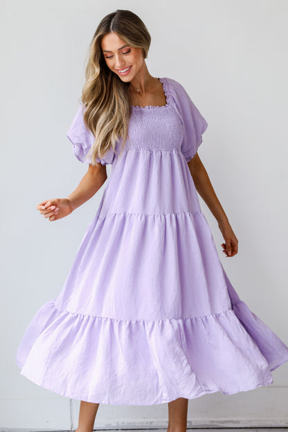 purple Tiered Midi Dress front view