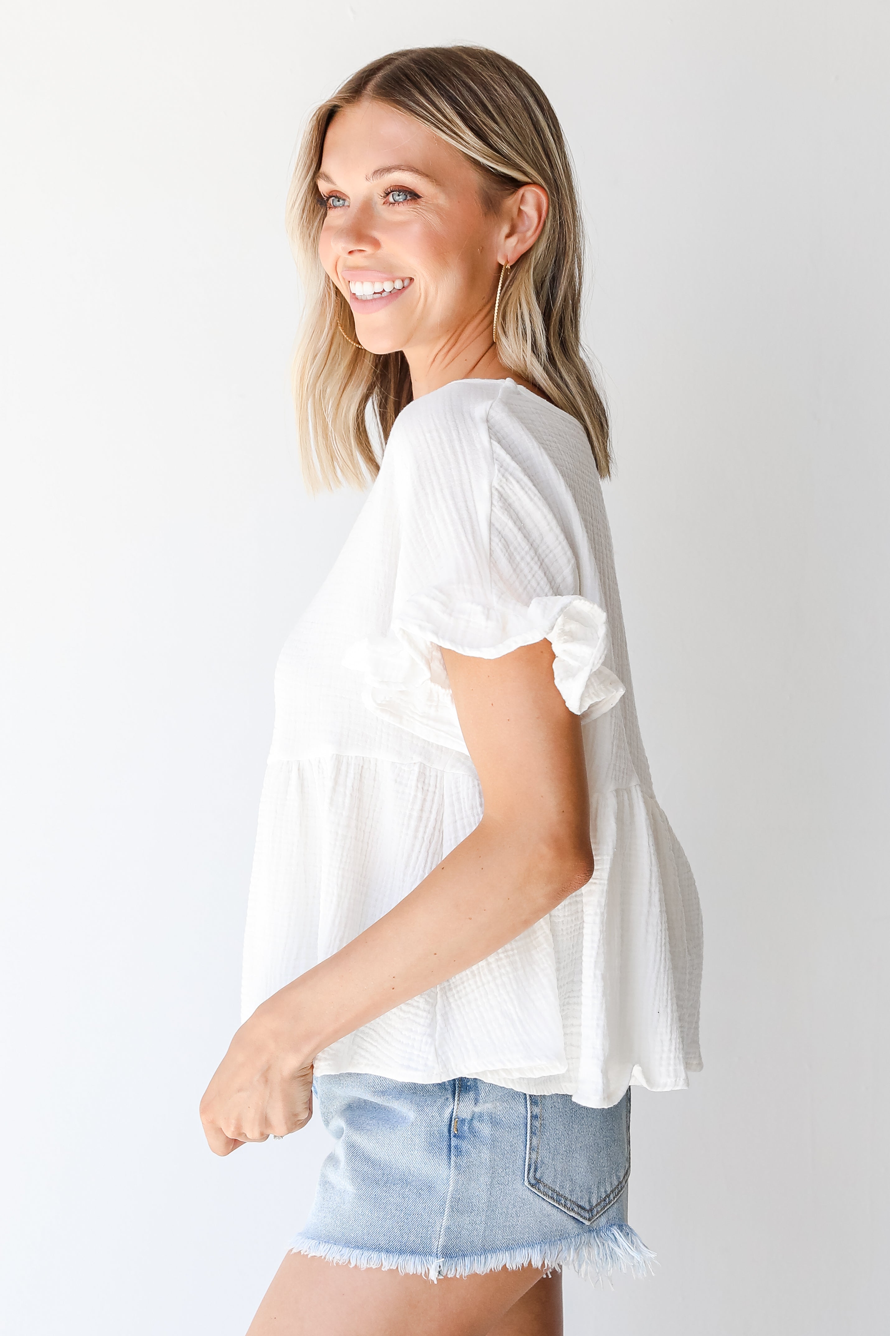 Linen Babydoll Top in white side view