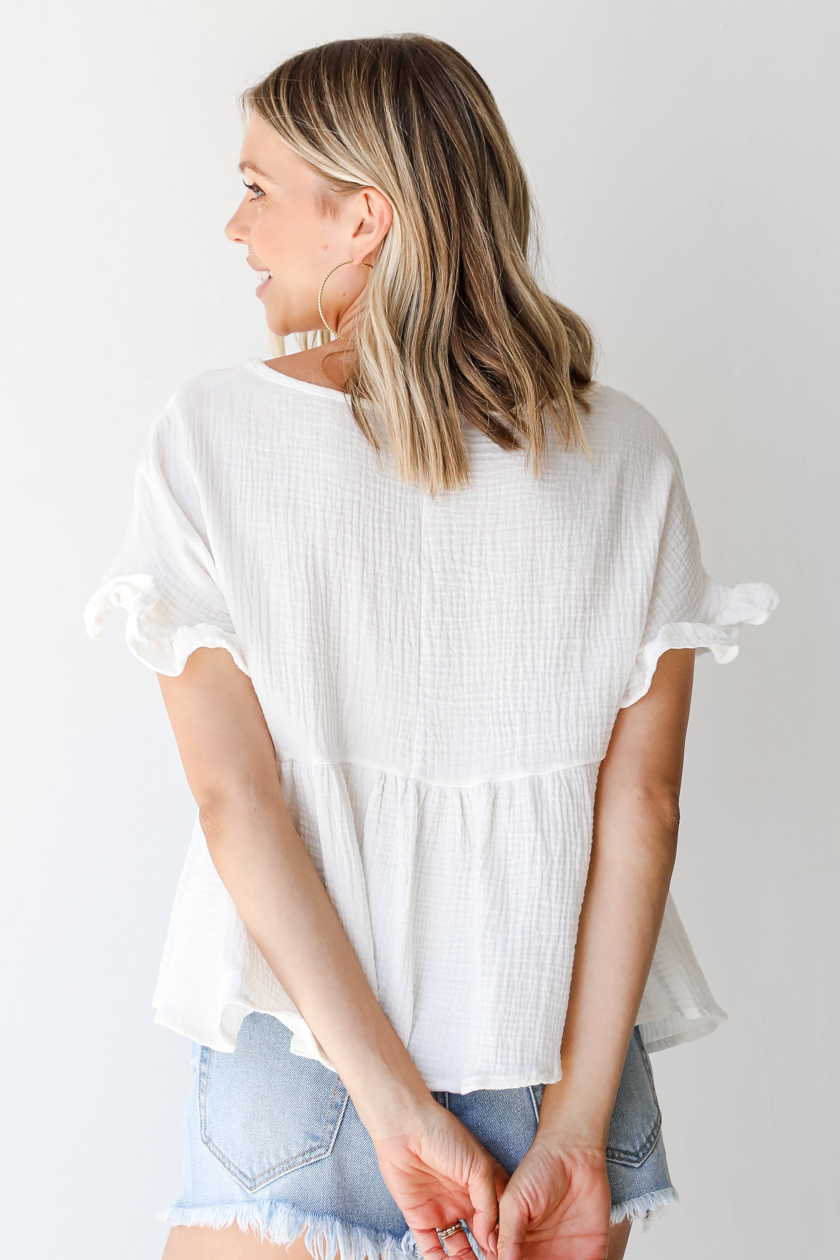 Linen Babydoll Top in white back view