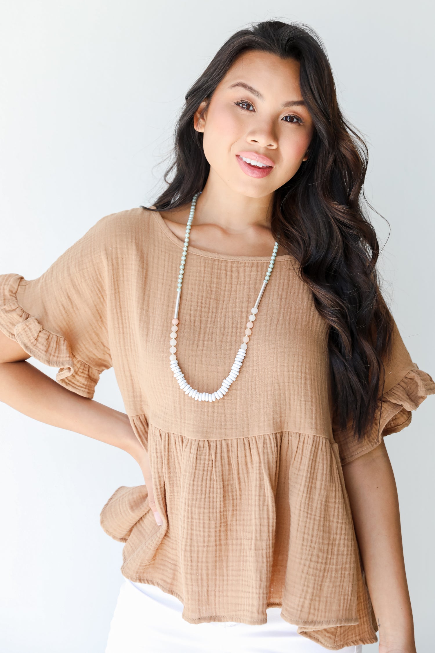 Linen Babydoll Top in camel