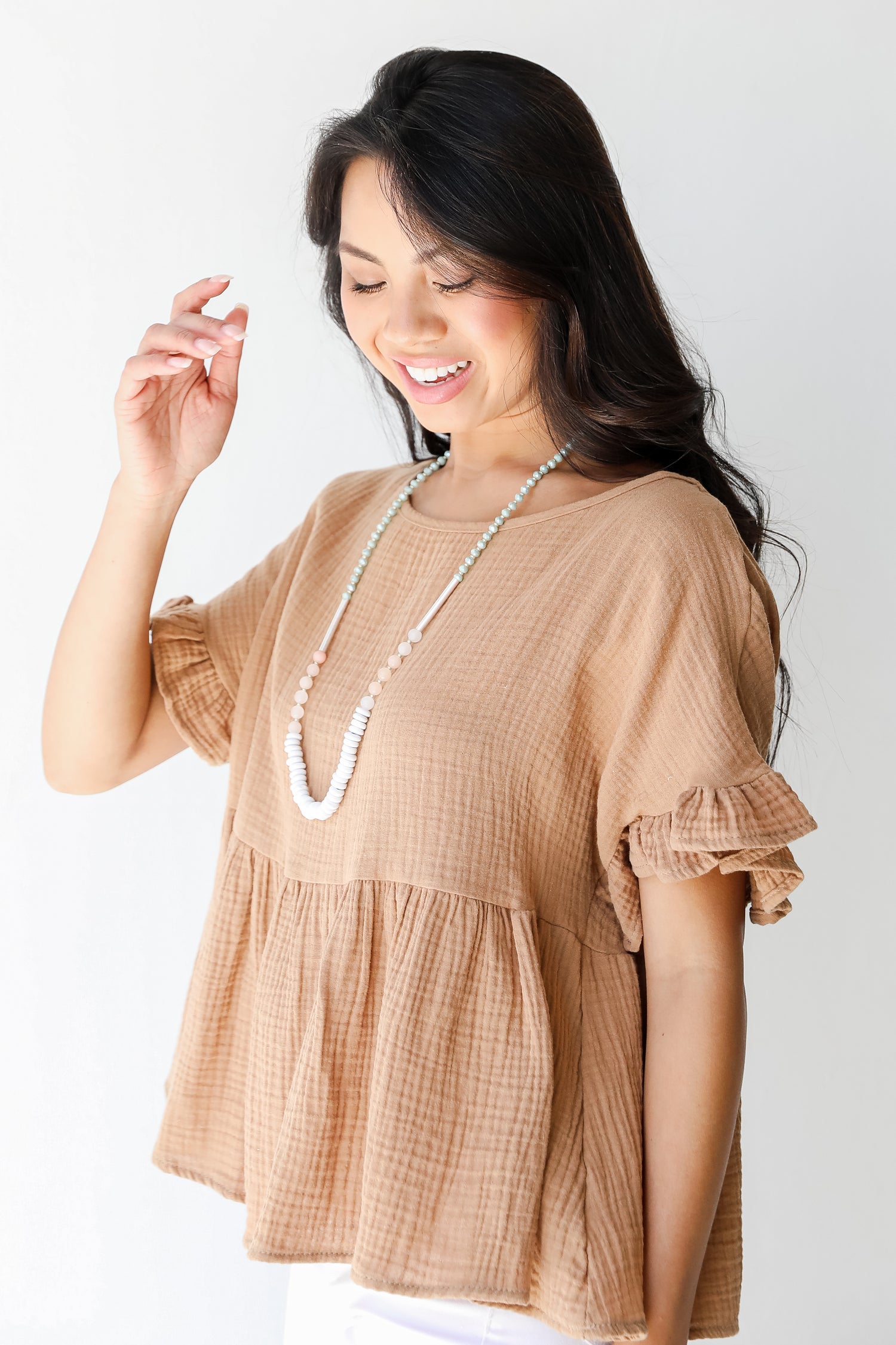 Linen Babydoll Top in camel side view