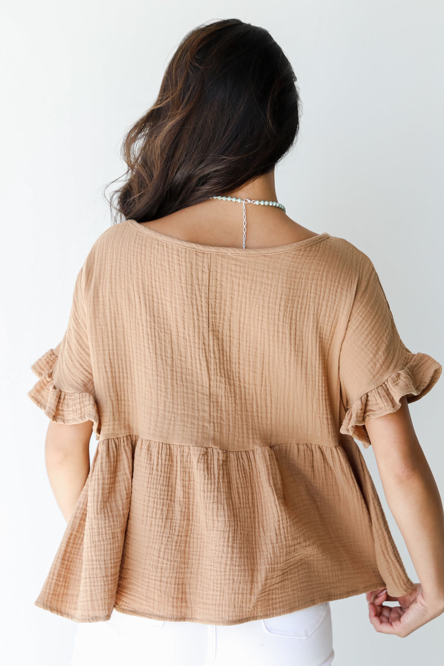 Linen Babydoll Top in camel back view