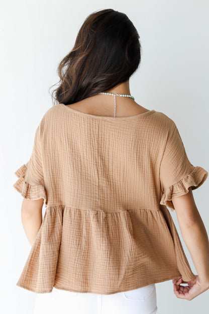 Linen Babydoll Top in camel back view