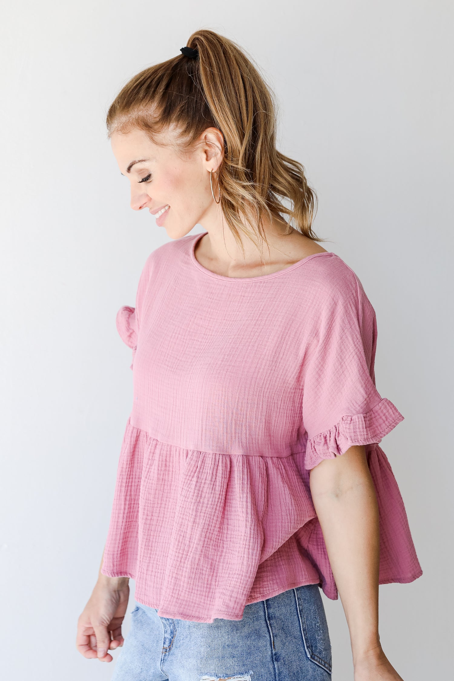 Linen Babydoll Top in mauve side view