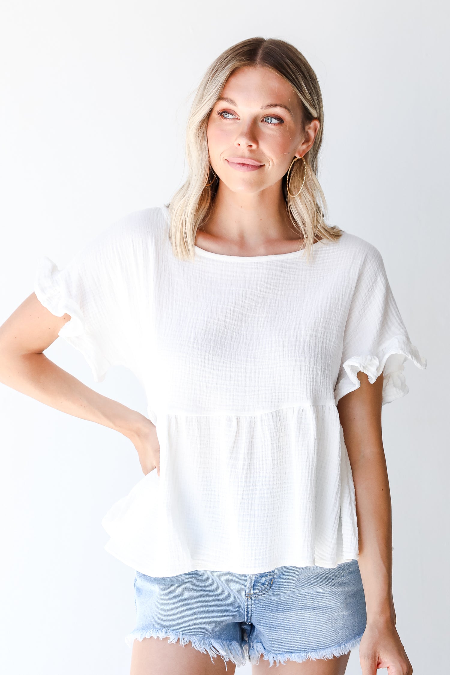 Linen Babydoll Top in white