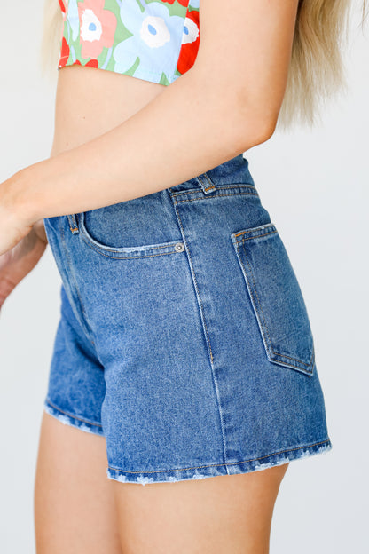 medium wash Denim Mom Shorts side view